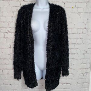 Sz.M*LoveCrazy*Black Faux Fur Button-Front Cardigan Sweater W/ Silver Threads